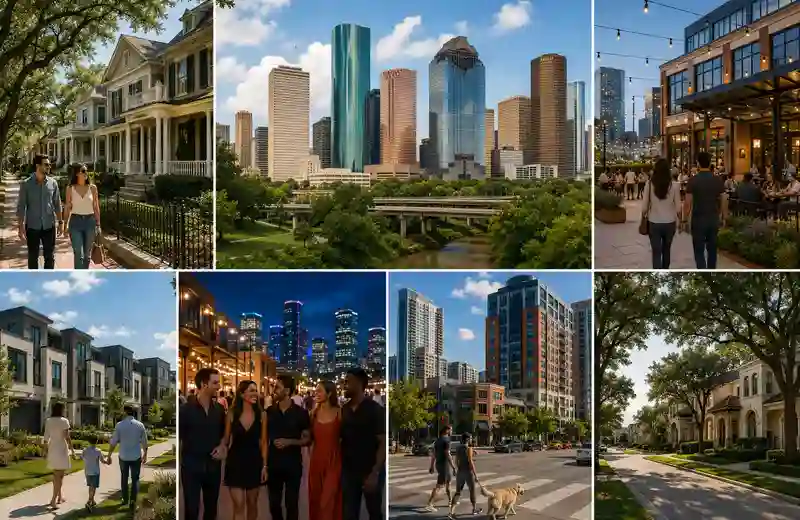 Visitors exploring Houston neighborhoods featuring downtown, historic districts, parks, upscale communities, dining, and local culture.